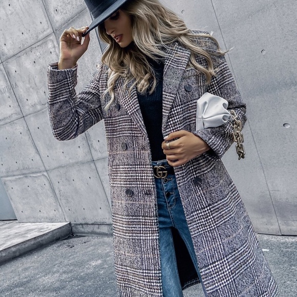 plaid trench button pea coat jacket mid length - Picture 7 of 8